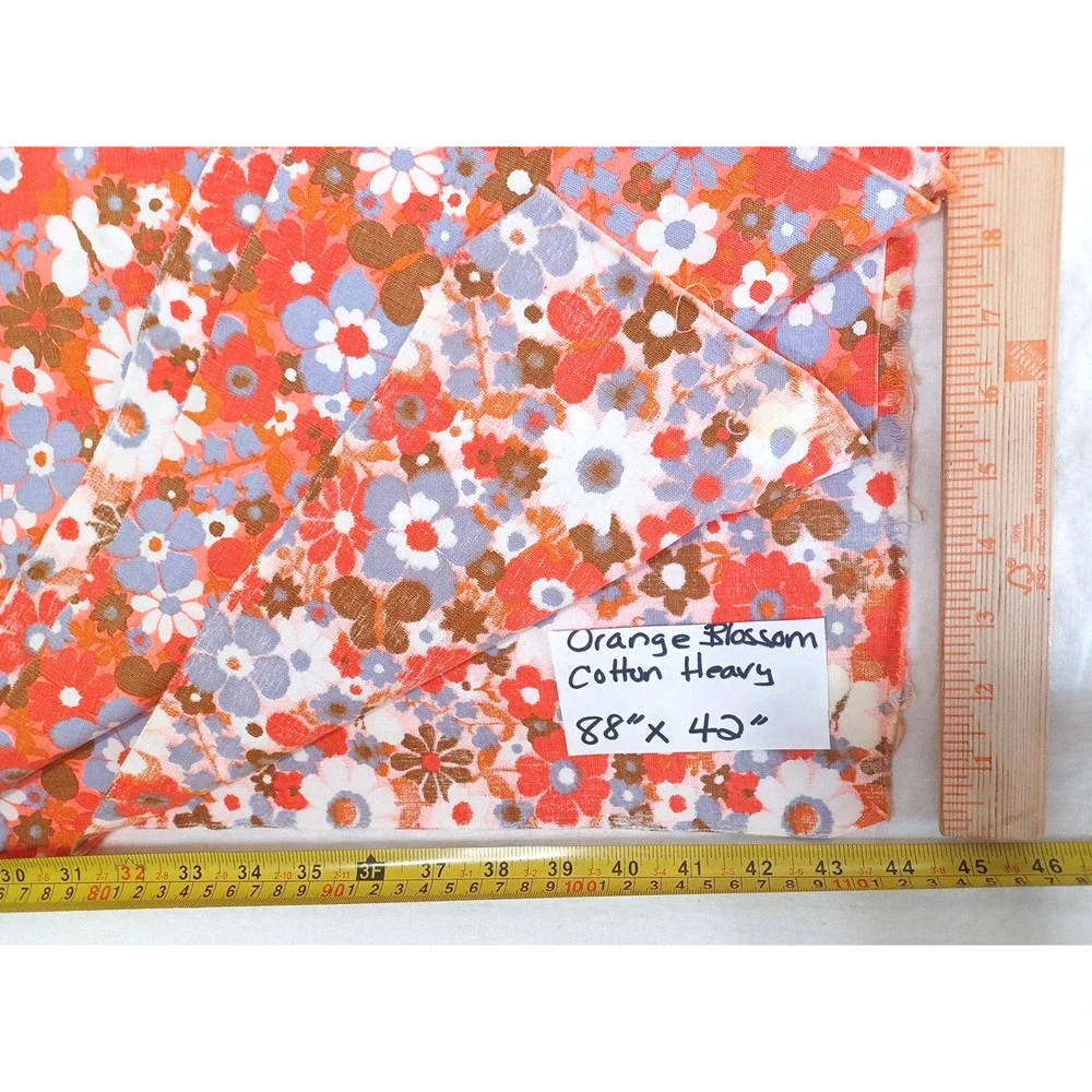 Orange Retro Daisy Floral Denim Cotton Fabric 1 Pc 88